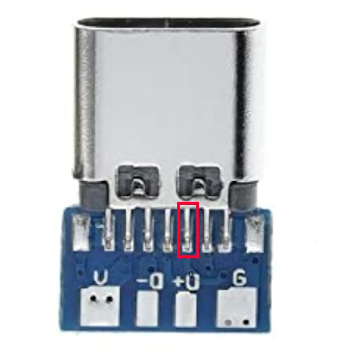 Close-up of the USB-C breakout board with the CC pin marked