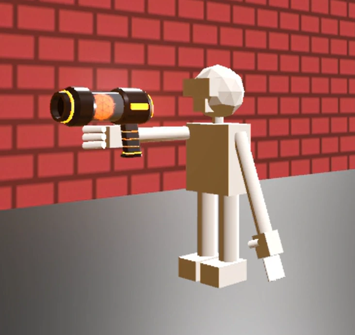 The new character model in front of a brick wall, holding the N5 Blaster