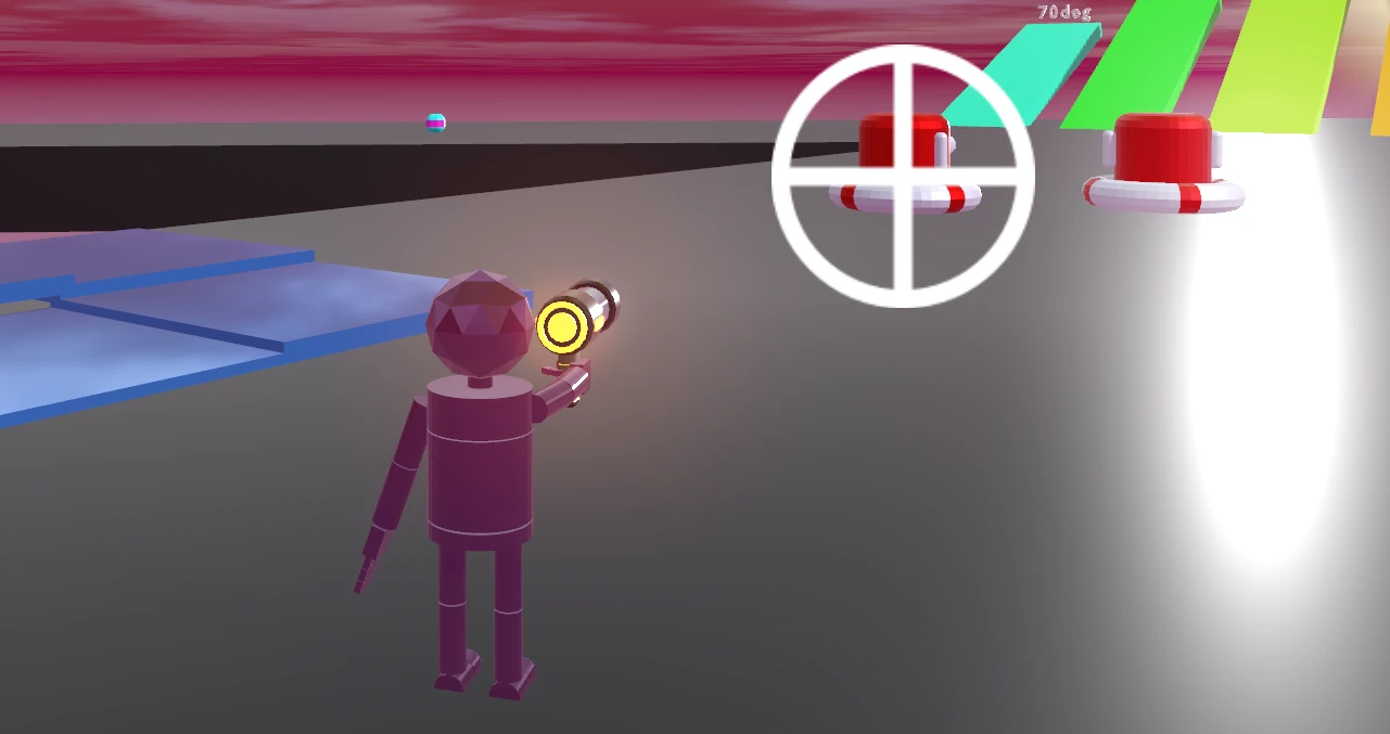 The character aiming the N5 Blaster at an enemy. A crosshair is displayed on top of the enemy