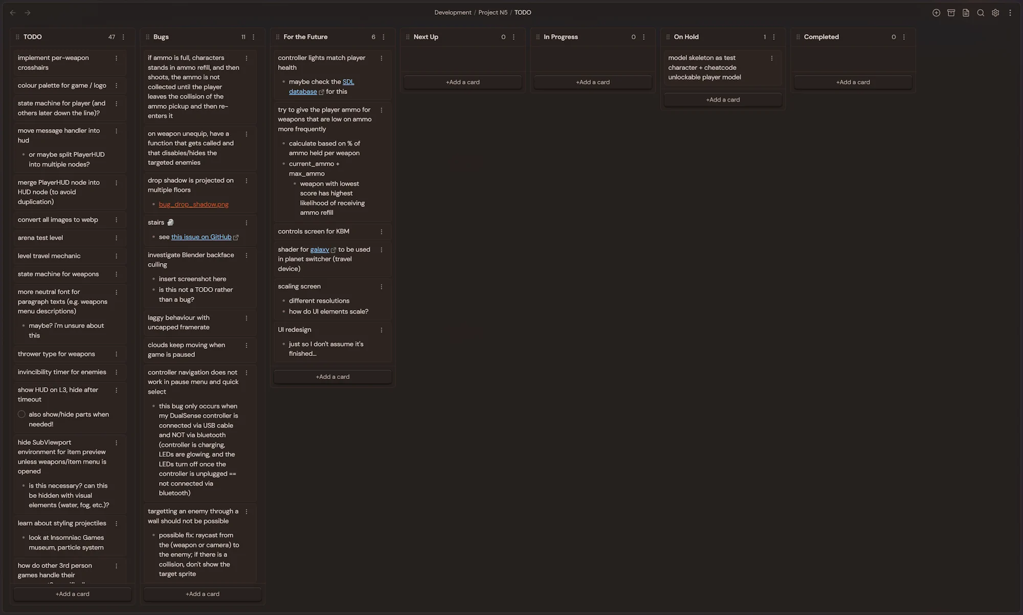The kanban board housing all TODOs for the game