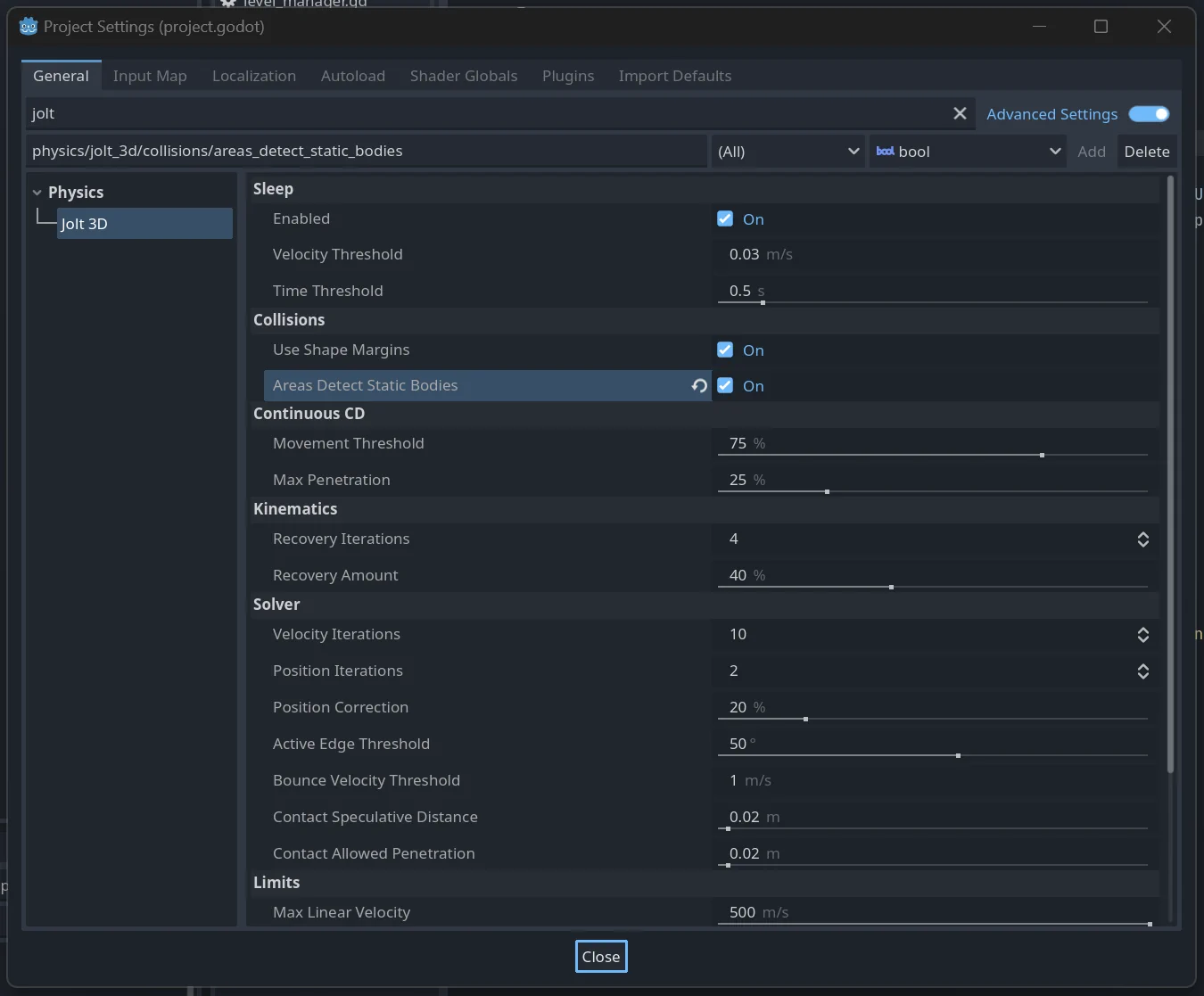 Screenshot of the game's Jolt configuration, the option 'Areas Detect Static Bodies' is enabled and highlighted