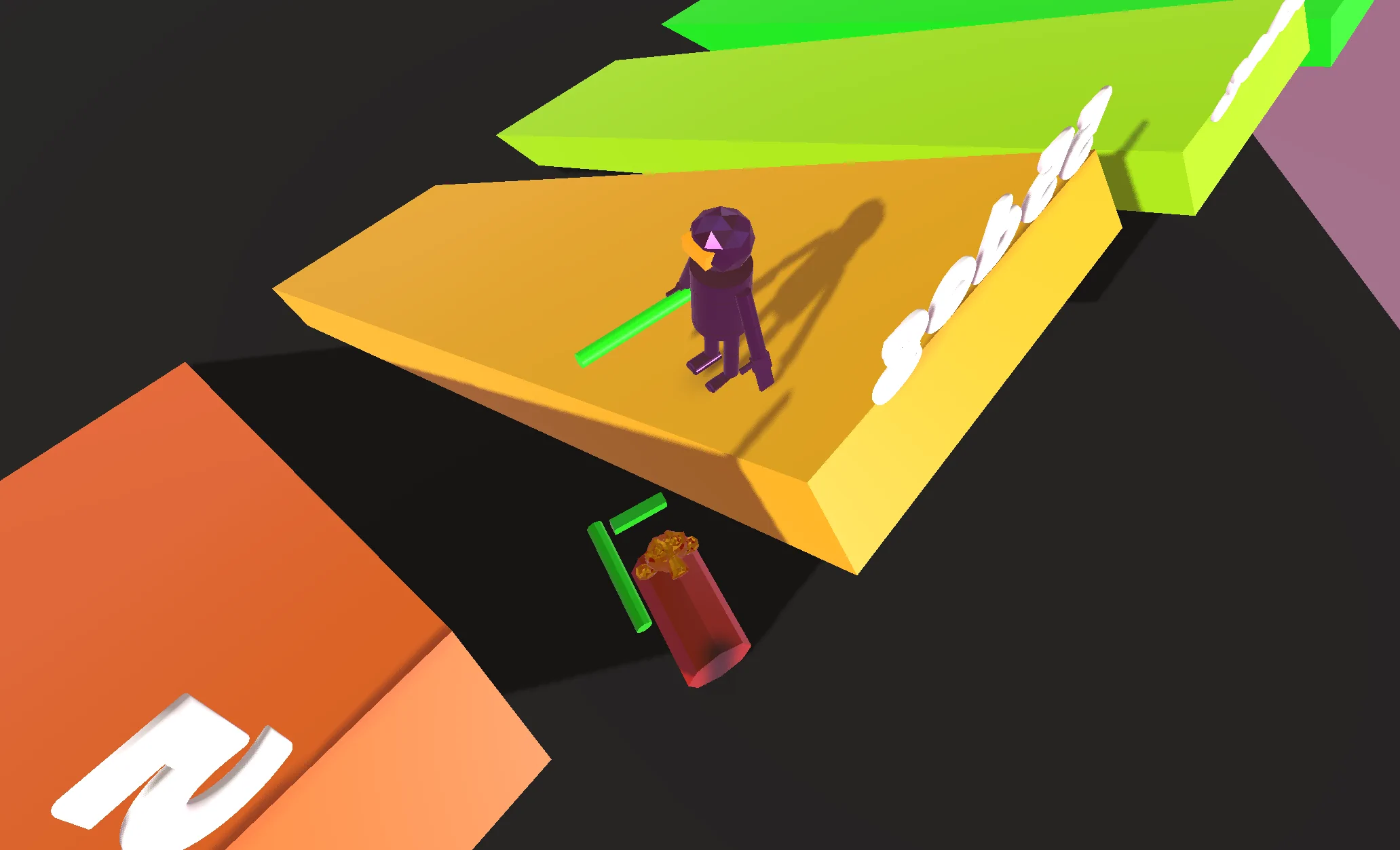 Suzanne cylinder staring up at the protagonist from beneath a ramp