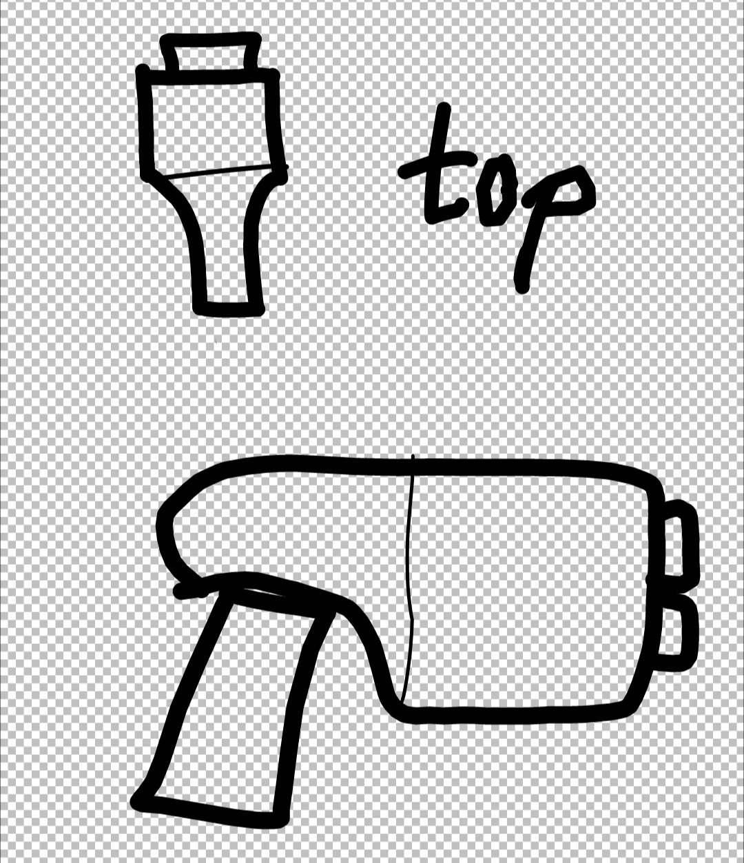 A crude sketch of a blaster resembling the 3D model shown above.