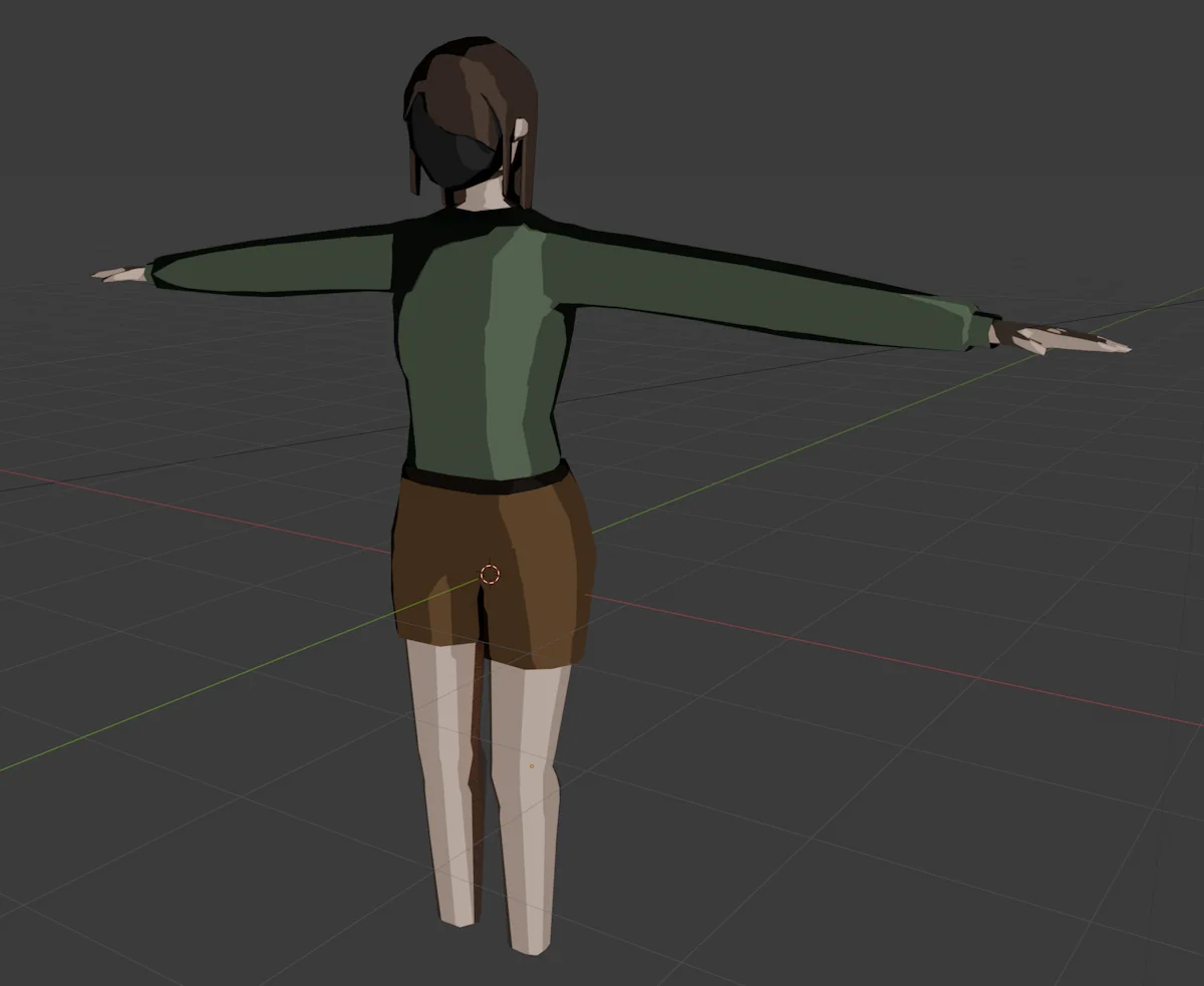 A 3D model of a t-posing human girl with different hair, brown shorts, and no feet