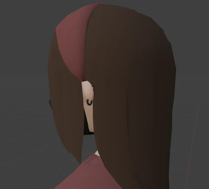 Side view of Laura. Her brown hair is straight and her ear has a round black earring