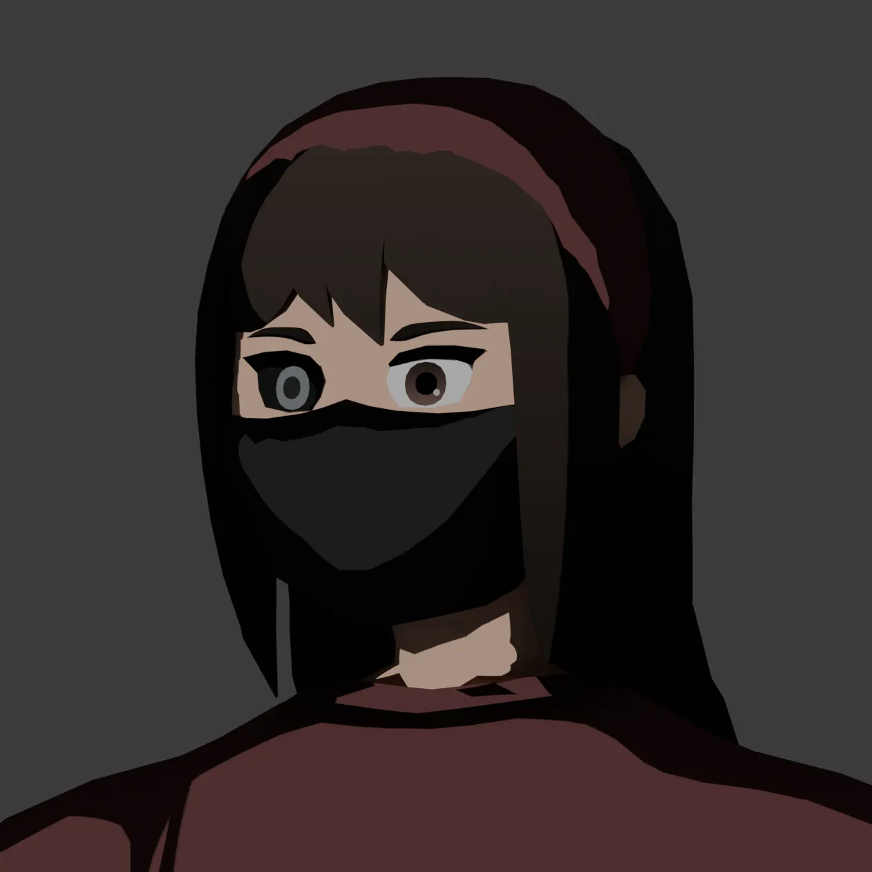 The new protagonist Laura's head with red clothing, a half-face mask. The character now has a brown left eye, a mechanical right eye, and eyebrows, as well as bangs