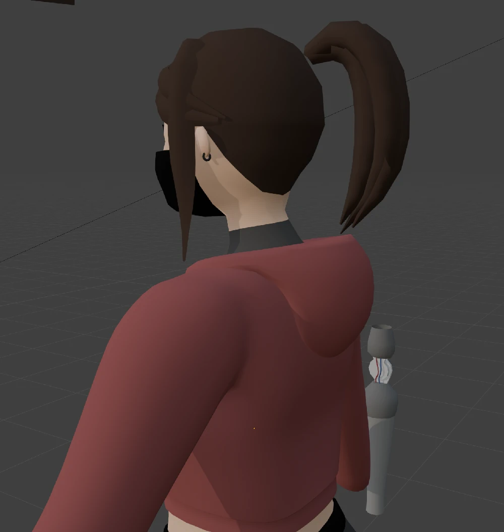 Back perspective at Laura showing her ponytail