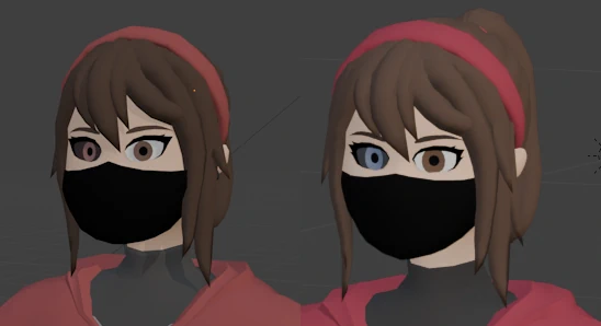 A comparison of Laura's eyes. Left is the old style with a red eye, right is the new style with a blue eye