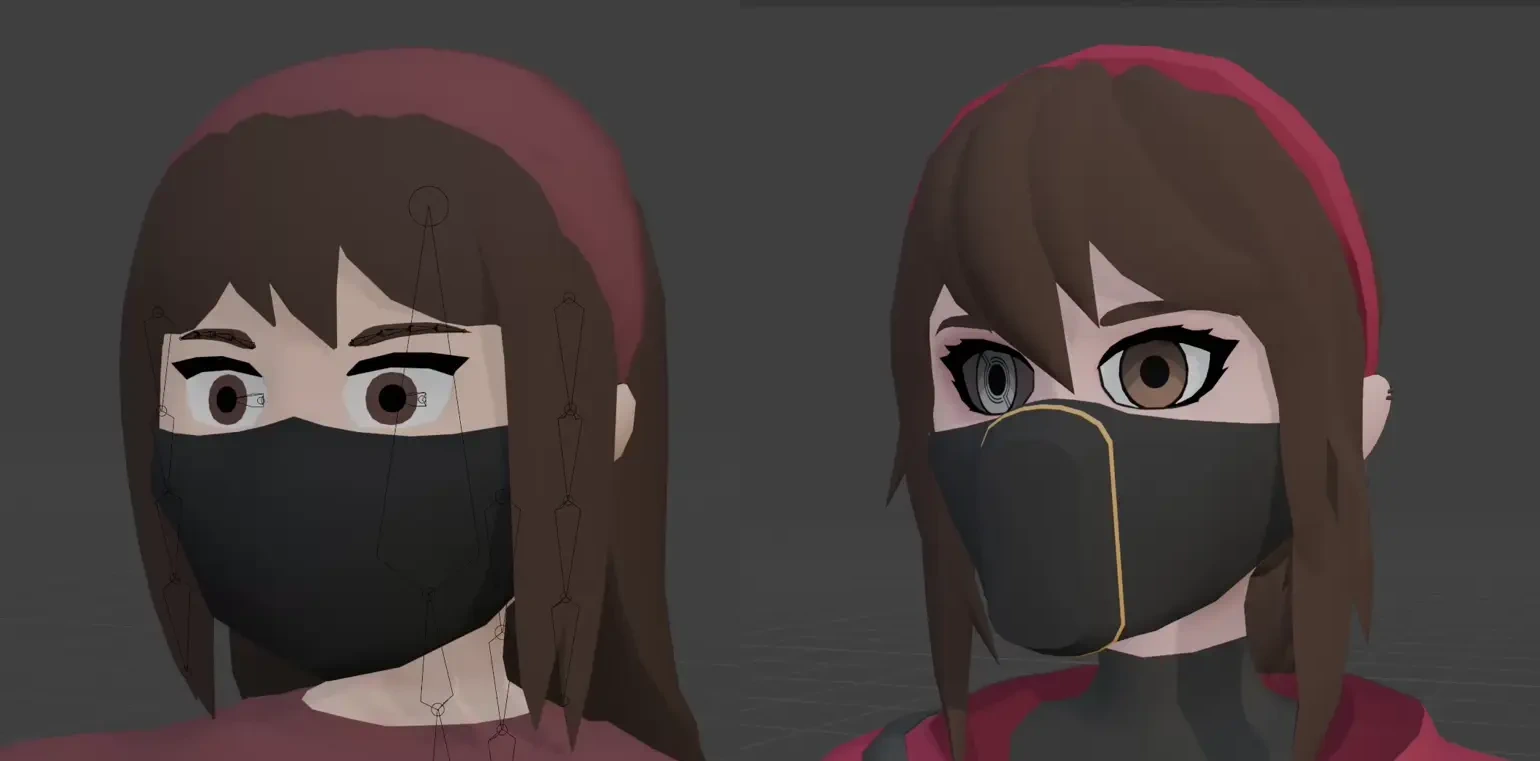 Left: Laura's old model blinking. Only the upper eyelid moves, and the eyelashes are a flat plane. Right: Laura's new model blinking. The eyes now close with both upper and lower eyelids, and the eyelashes are 3D.