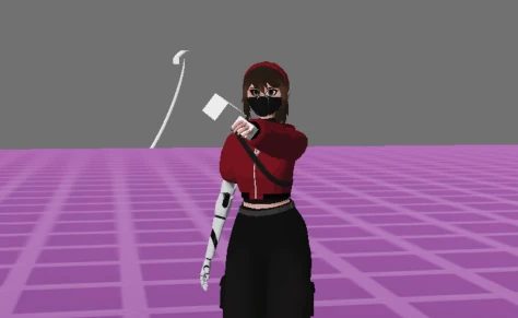 Laura pointing a placeholder blaster at the camera.